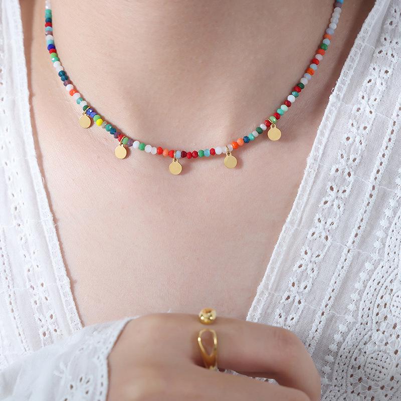 Dopamine Beaded Round Pendant Necklace: Titanium Steel Temperament Lock Chain