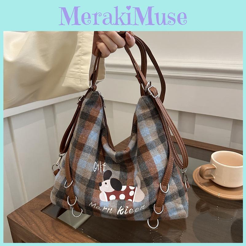 Marn Letters Kieen Cotton Tote Bag Plaid Pattern Soft Structure Travel Work