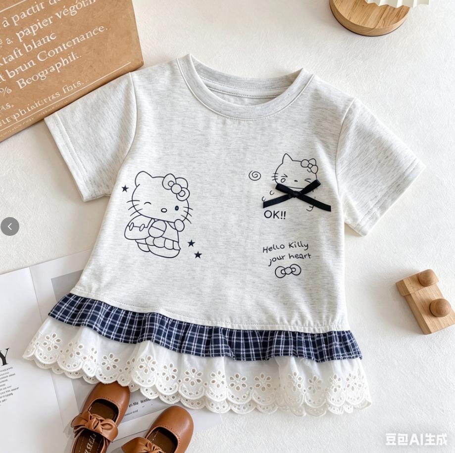 Girls Summer Short Sleeve T Shirt Sweet Print Lace Trim Plaid Top 80