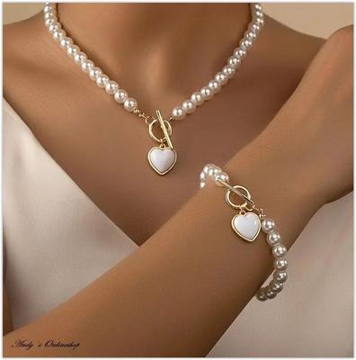 2 Pieces Of Women's Creative Pearl Love Necklace With Bracelet Zircon Set For Weddings, Banquets, Parties, Festivals, Gifts8162