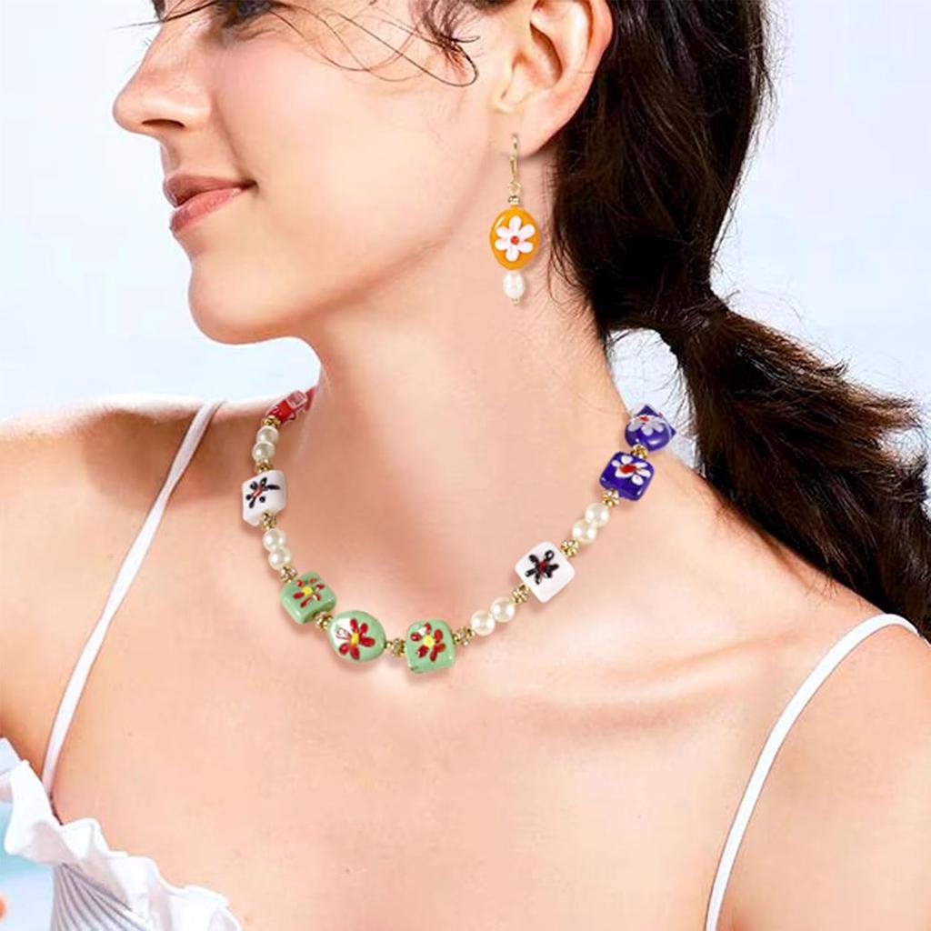 20 Stück Oval Quadratisch Blumenmuster Handgefertigt Lampwork Perlen Bunt Millefiori Lampwork Glasperlen Niedlich Floral Flach Oval Würfel Abstandsperlen für DIY