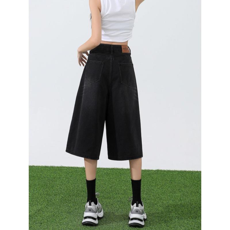 Women's Summer Vintage Simple Casual Denim Capri Pants Female Streetwear Y2K High Waist Loose Straight Wide Leg Jeans Pantalones