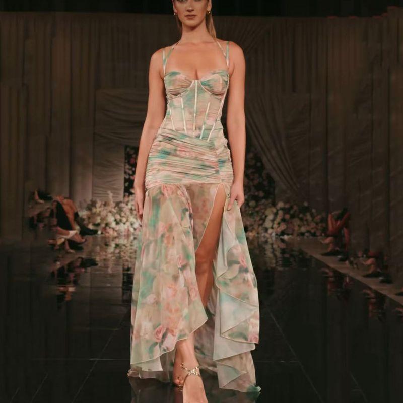 

Dress Cross-Border Foreign Trade Ins Street Gyaru Print Flower Suspender Skirt Sexy Split Steel Ring Fishbone Dress Multicolor L