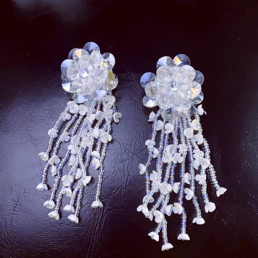 Zinc Zinc Alloy Crystal Beads Ear Drop Rhinestone White Flower Earrings Wedding Long Ear Drop  Holiday