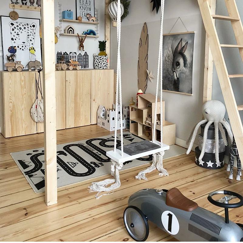 INS Style Kids Swing Chair: Solid Wood Seat with Cushion & Cotton Rope - Perfect for Bedroom Decoration & Baby Entertainment.
