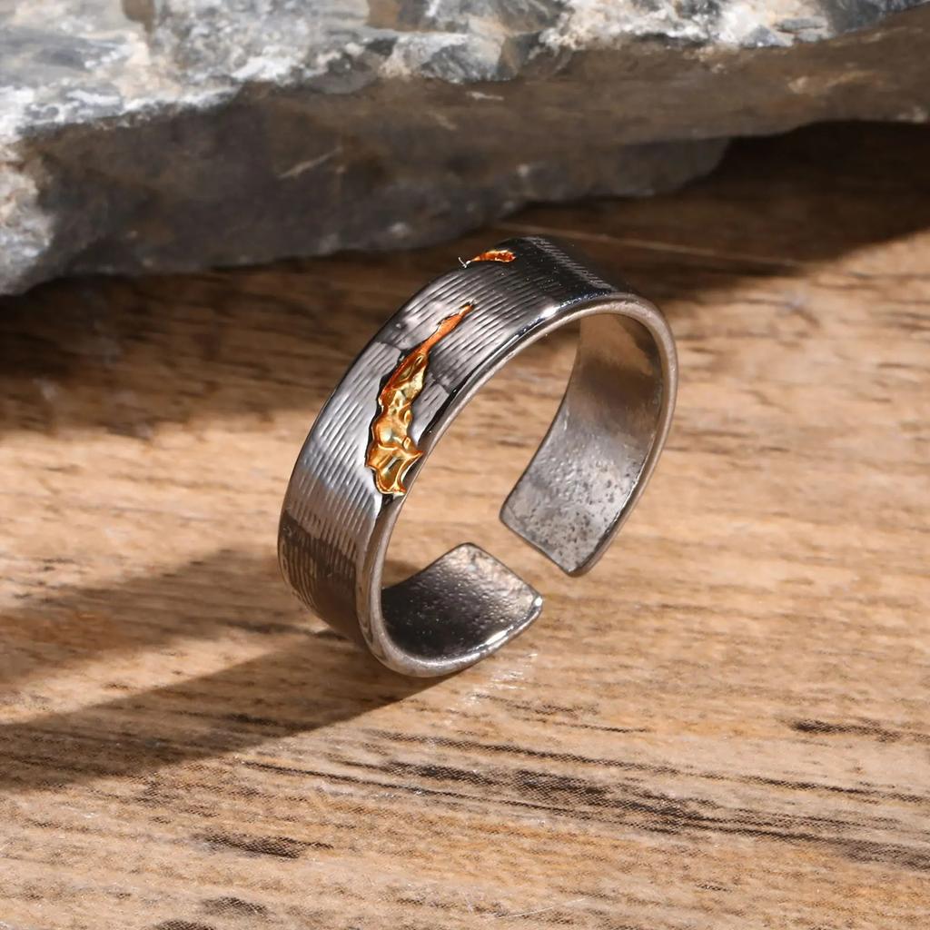 New Personality Lava Open Ring For Men, Adjustable Vintage Oxidized Metal Finger Band,Fashion New Male Jewelry