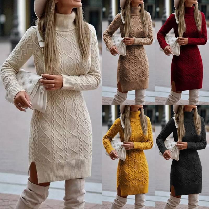 European & American High Neck Slim Fit Long Sweater Dress for Women - Autumn/Winter Warmth
