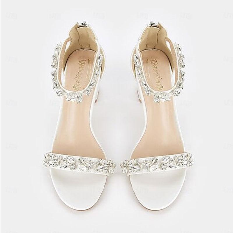 Thick heel high heels white satin fashion word with sexy open toe rhinestone large size women's sandals factory direct sales 43