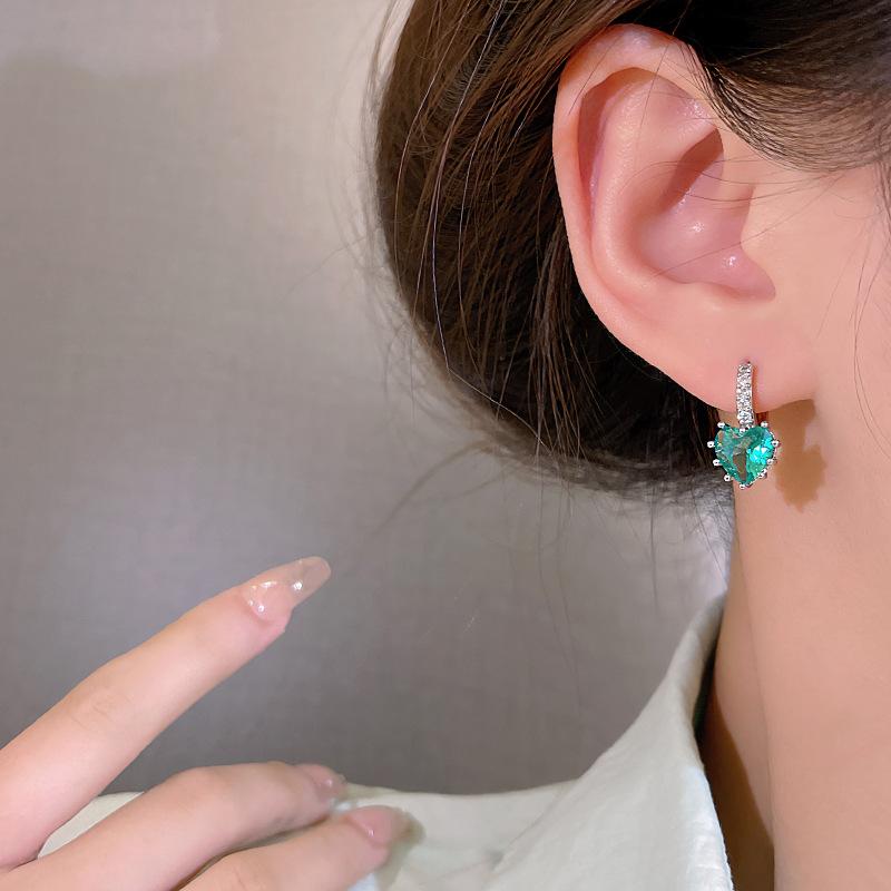 New blue emerald love ear buckle women's niche design high-end micro-zircon earrings ear jewelry