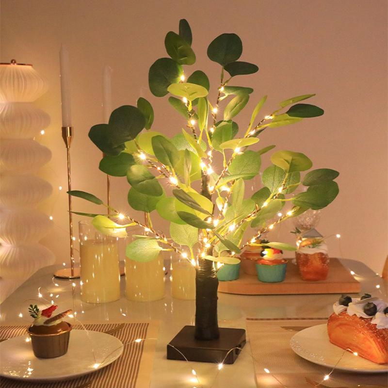 LED Lampa Stołowa Drzewko Sztuczny Eukaliptus 55cm LED Zasilana Bateriami USB Lampki Drzewko Do Pokoju Sypialni Lampa Stołowa Dekoracja Biurka