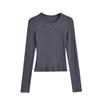 Trendy Women's Ribbed Long Sleeve Round Neck T-shirt - Slim Fit Autumn/Winter Base Layer in Solid Color.