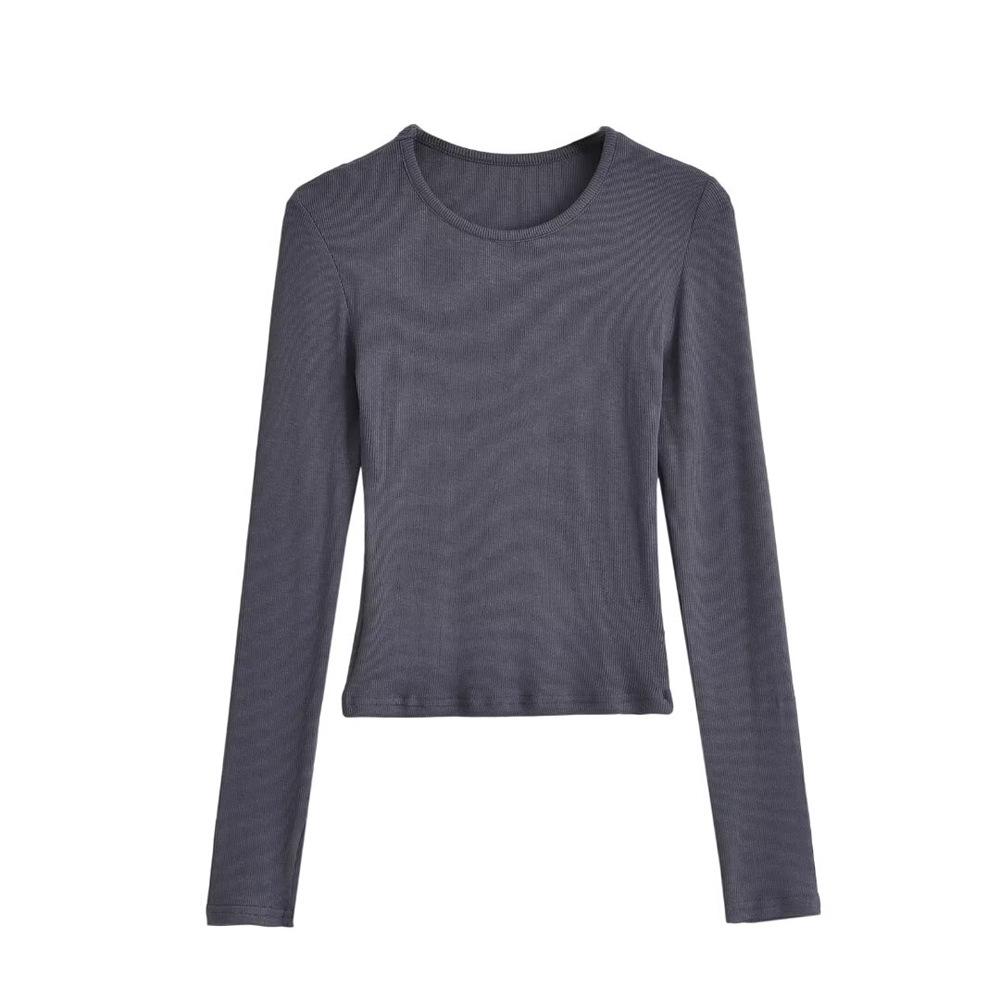 Trendy Women's Ribbed Long Sleeve Round Neck T-shirt - Slim Fit Autumn/Winter Base Layer in Solid Color.