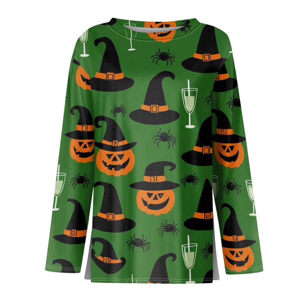Women Fashion Long Sleeve Crew Neck Top Halloween Print Split Hem Casual Blouse Lightweight Comfortable Fit