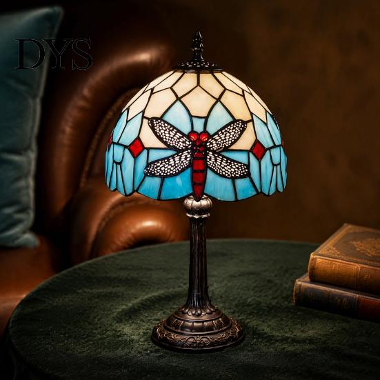 Soft Warm Light Fixture Tiffany Dragonfly Stained Glass Table Lamp, Vintage Blue Bedside Night Light, Style Ornament Decorative Atmosphere Lamp