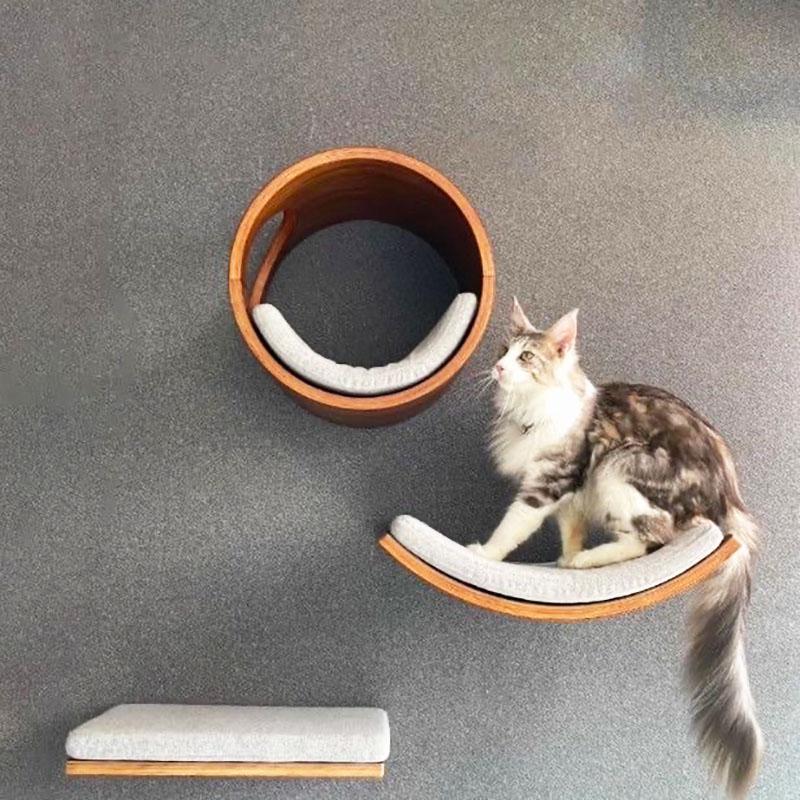 Wall-Mounted Cat Tree Combo Set Crafted from Solid Wood This Wall-mounted Aerial Playground Features a Cat Bed
