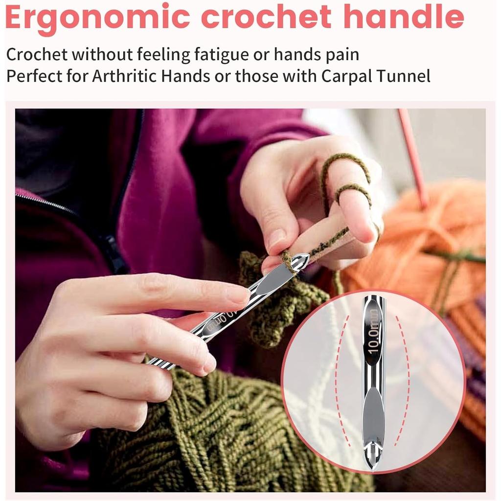 Interchangeable Tunisian Crochet Hook Set (3mm-10mm, 6 Inch),12 Piece Aluminum Ergonomic Hooks with Cables for Afghan, Knitting, Knooking & Stitch,