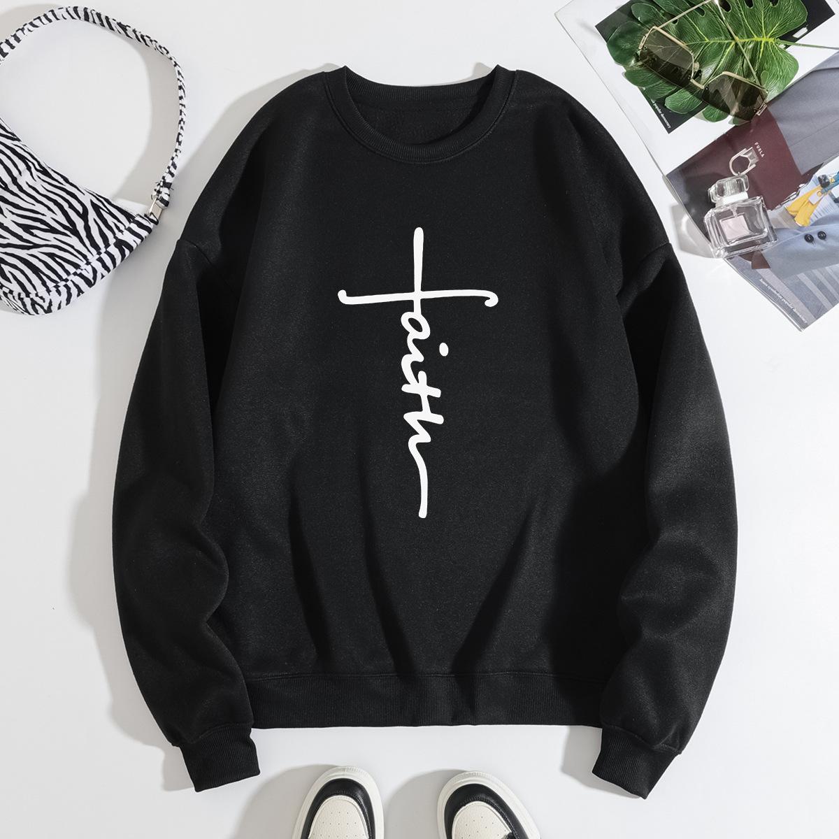 

Autumn Letter Faith Cross Printed Hoodies Fashionable Casual Sports Long Sleeved Women s Hoodies S чёрный
