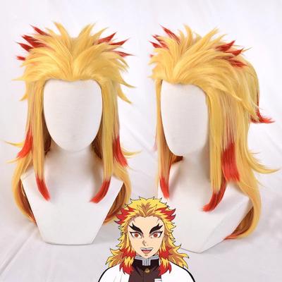 Peluca Cosplay Anime de Alta Calidad Rengoku Kyoujurou Cosplay Peluca Rubio Rojo Ombre Cabello Resistente al Calor Pelucas de Coleta + Gorro de Peluca