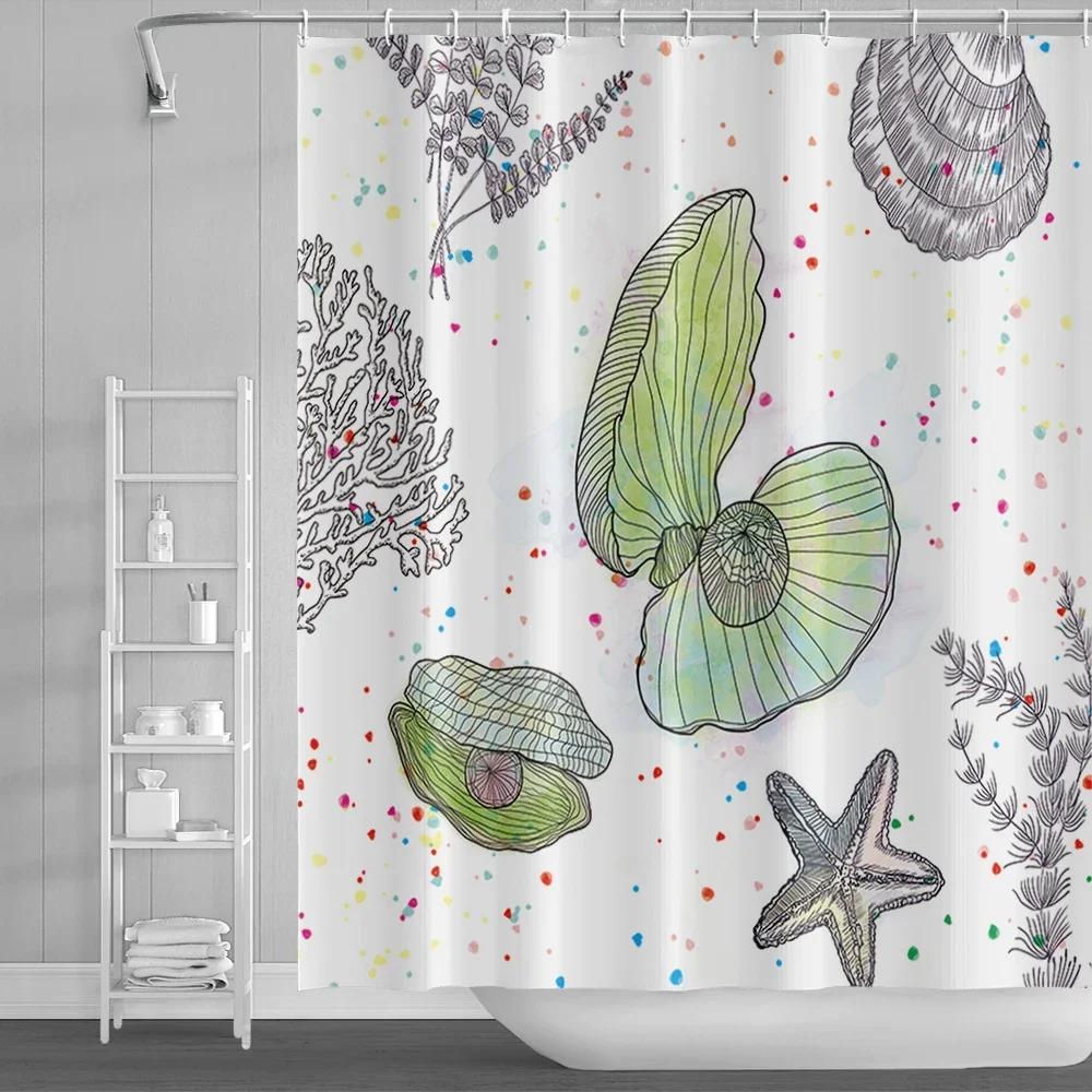 Nautical Coastal Shower Curtain Starfish Coral Seashell Beach Ocean Bathroom Curtain Underwater Marine Waterproof Bath Curtain