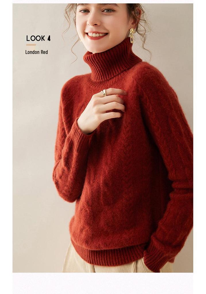 Women's High Neck Cable Knit Cashmere Sweater, Slimming Long Sleeve Thick Pullover for Autumn and Winter
