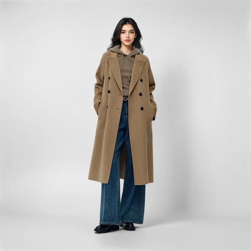 GOELIA Unisex Camel Wool Double-Faced Peak Lapel Coat