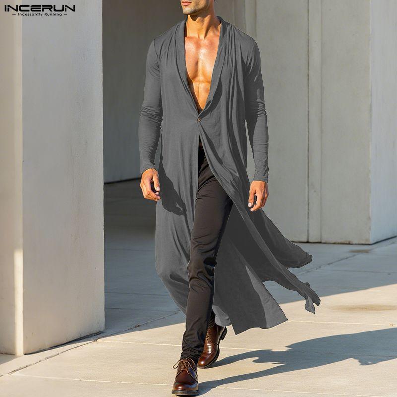 INCERUN Men Long Sleeve See Through Open Front High Splits Casual Long Mesh Sheer Shirts