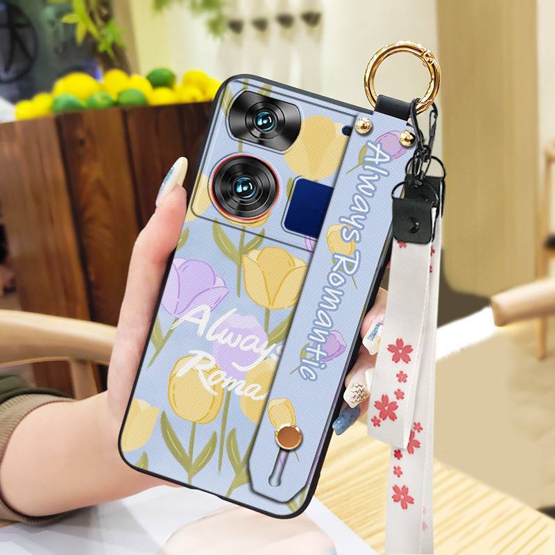 Waterproof Kickstand Phone Case For ZTE Nubia Z60 Ultra Oil Painting Soft case Fashion Design Flower Anti-knock Lanyard
