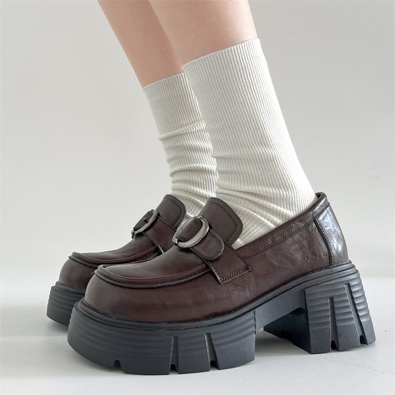 Black retro British style platform small leather shoes women's 2025 new autumn and winter French one-pedal Mary Jane loafers