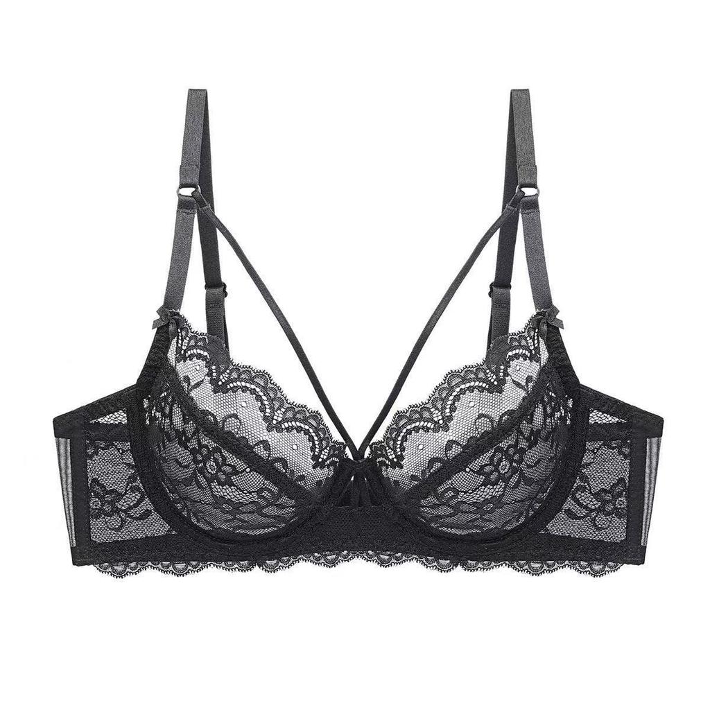 French Ultra-Thin Sexy Lace Bra Set, Underwire Minimizer Side Gathering Sheer Women Lingerie Set