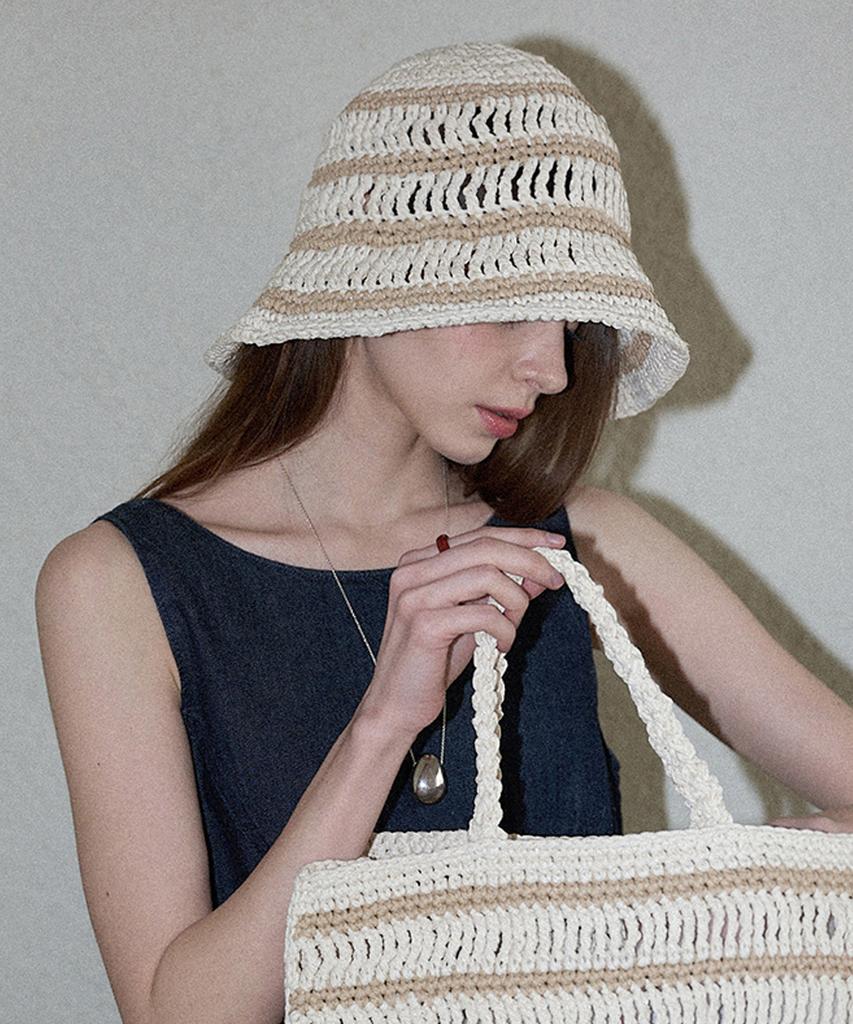 Seullouseulloulli Moroccan Handmade Crochet Striped Bucket Hat _ Cream