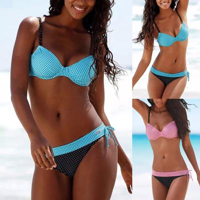 Zweiteiliger Bikini für Damen Karomuster Verstellbare Träger Bügel-Oberteil und niedrig sitzender Slip mit seitlichen Bändern Bademode