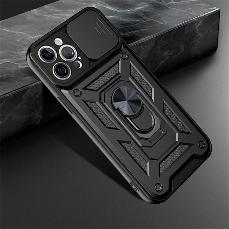 Luxury Slide Camera Lens Phone Case For iPhone 13 12 11 Pro Max X XR XS Max 8 7 6S 6 Plus Military Grade Shockproof Armor Finger Ring Stand Cover