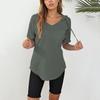 Women's Fashion Summer V-Neck T Shirt Drawstring Hooded Solid Color Short Sleeve Top