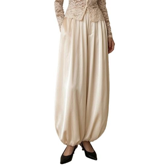Women Satin Bloomers, High Waist Wide Leg Trousers, Pure Color Loose Fit Flowing Pants for Office Date Night Casual Daywear