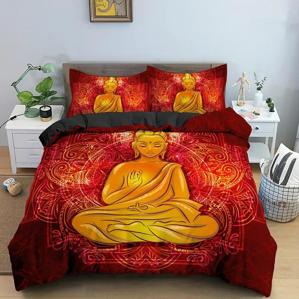 Buddha Duvet Cover Set Microfiber Buddha Statue Exotic Ethnic Bohemian Bedding Set for Buddhist Devotees Double Queen King Size