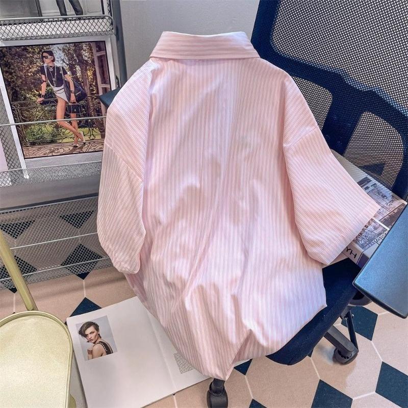 Dog Embroidered Striped Shirt for Female Pink Summer Short Sleeved Lapel Tops Japanese Chic Loose Single Breasted Shirts
