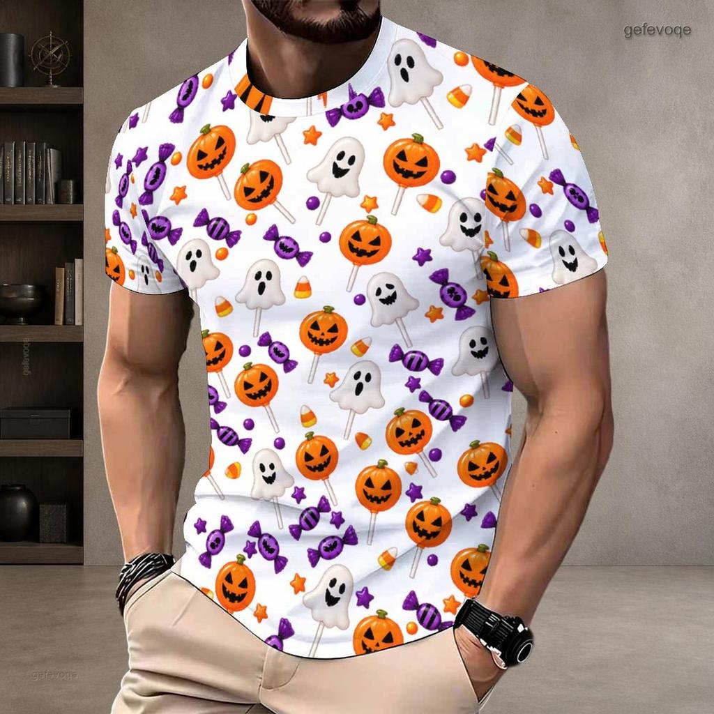 Men S Plus Size Round Neck Short Sleeve Halloween Printed White T Shirt