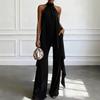 Women's Chiffon 2 Piece Sets, Asymmetrical Halter Sleeveless Tops with Wide Leg Pants Summer Outfits, Casual Vacation Lounge Matching Set