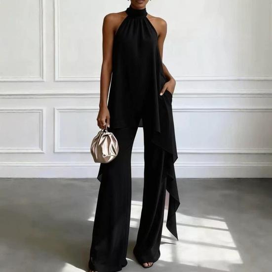 Women's Chiffon 2 Piece Sets, Asymmetrical Halter Sleeveless Tops with Wide Leg Pants Summer Outfits, Casual Vacation Lounge Matching Set
