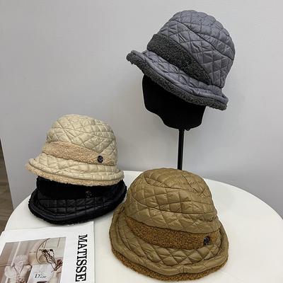Down Padded Rhombus Stitching Bucket Hat Women Autumn and Winter Warm Lady Middle Aunt Fashion Basin Hat