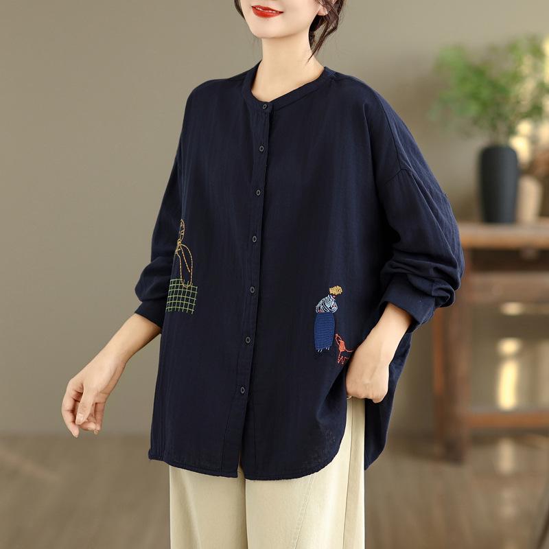 Women's 2025 Cotton Gauze Round Neck Long Sleeve Loose Embroidery Shirt