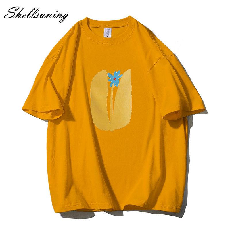 Shellsuning Summer Aesthetic Floral T Shirts Women Loose Short Sleeve Cotton Printed Tees Female Casual O Neck Vintage Base Tops