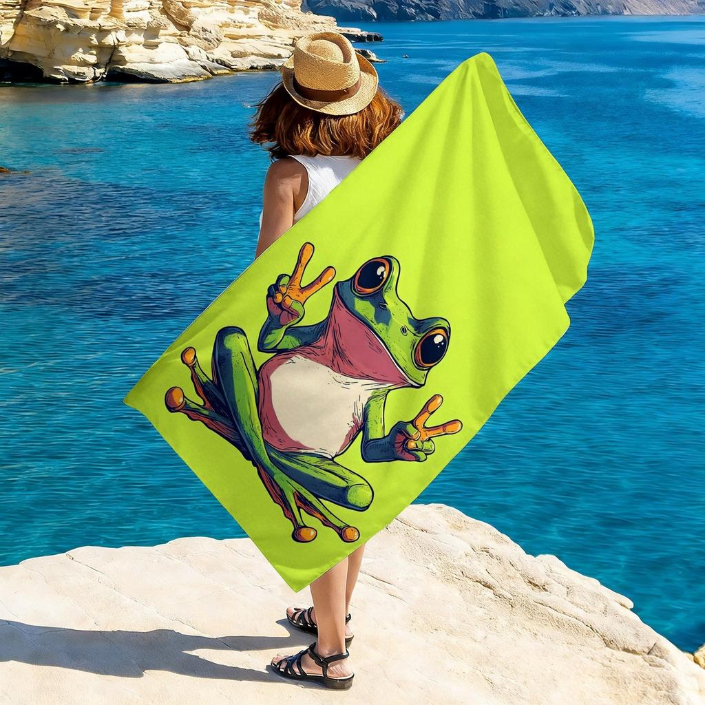 Toalla de Playa Rana Señal de Paz Linda, Toalla de Baño Grande Rana de Dibujos Animados Verde Neón, Manta de Playa Suave de Secado Rápido para Verano 1 ud