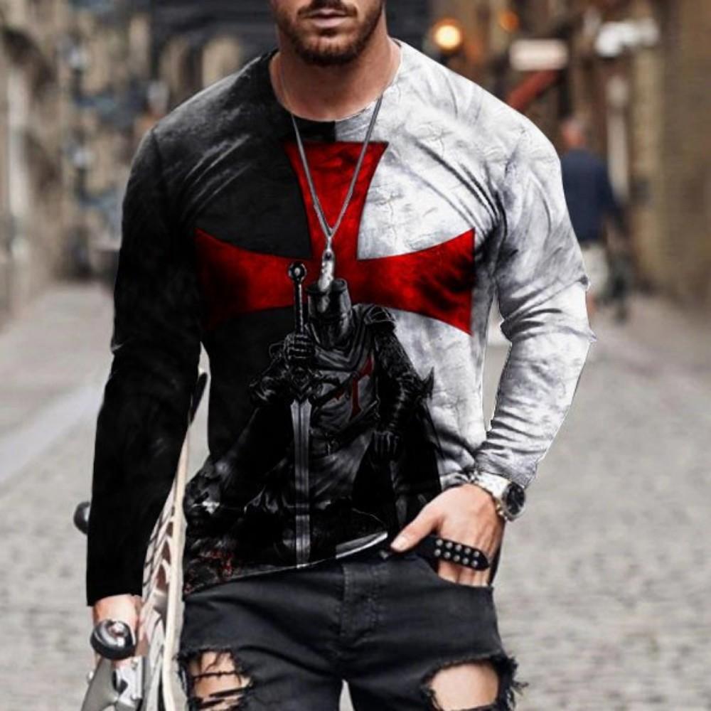 Knight Warrior Graphic Long Sleeve T-Shirt, Trendy Casual Streetwear for Men