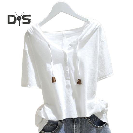 Women Hoodie Short Sleeves Hooded Drawstring Solid Color Loose Soft Casual Pullover Breathable Ladt Summer Top