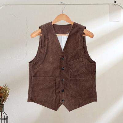 Chaleco de pana para hombre, abrigo con cuello en V, sin mangas, con botones en un solo pecho, chaleco con bolsillos, chaqueta de color liso