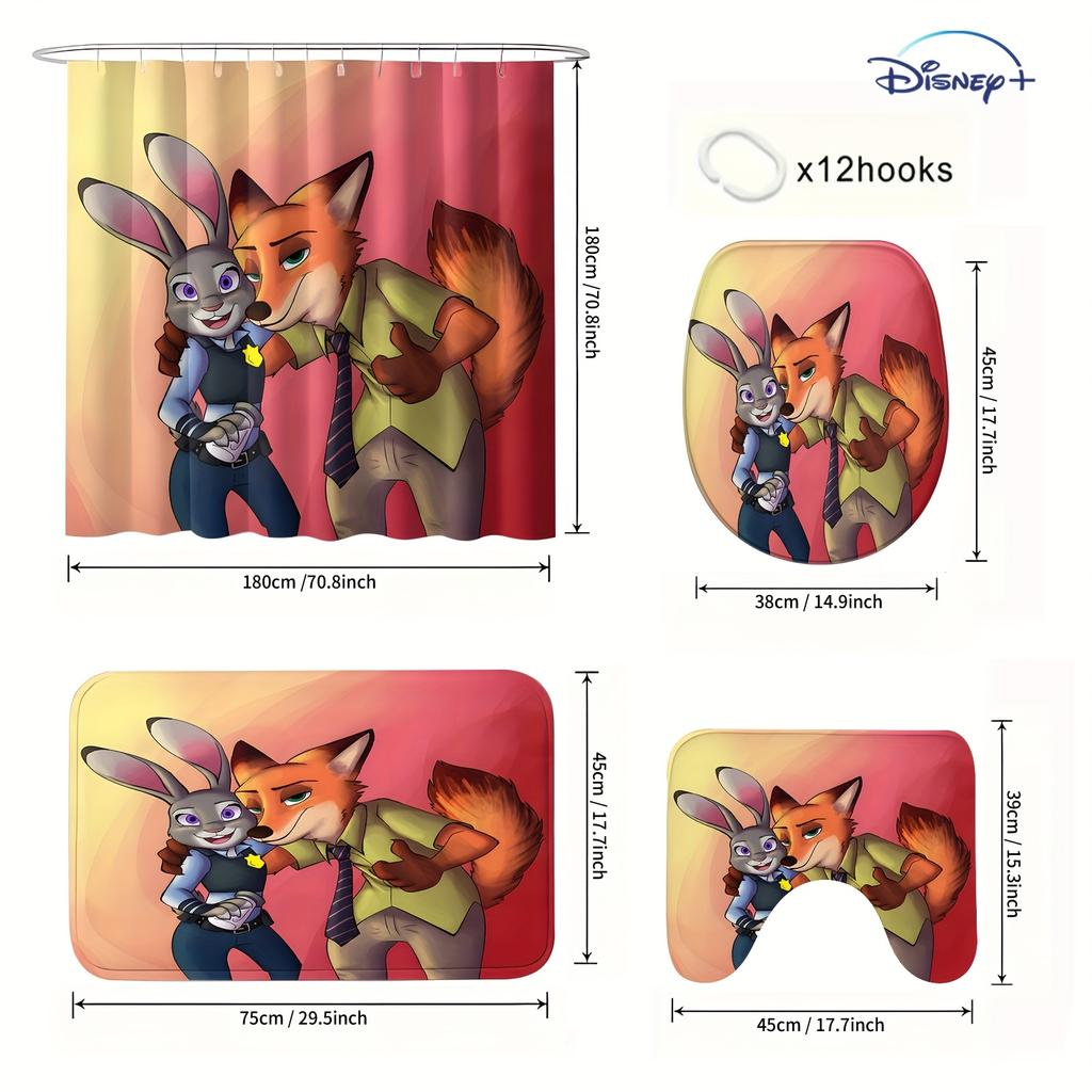 Disney Zootopia Movie Bathroom Accessories Set, 4 Pieces Waterproof Polyester Shower Curtain with Rings, Trendy Decor