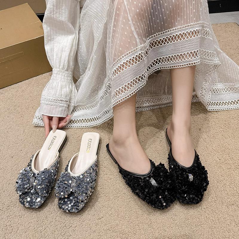 Bow-wrapped Head Half Slippers Women Summer Wear New Casual Slip-on Fashion Sequin Slippers