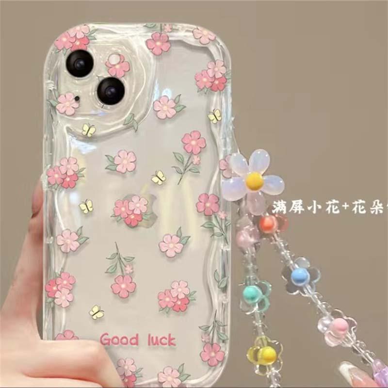 Clear Floral Print Cream Wavy Edge Phone Case for Iphone 15 Pro Max 11 12 13 14 15 16 Pro Max 16Pro with Cute Flower Chian Cover