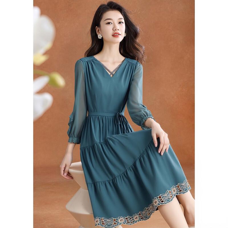 V-Neck Diamond French Lace Hollow-Out A-Line Maxi Dress 2XL